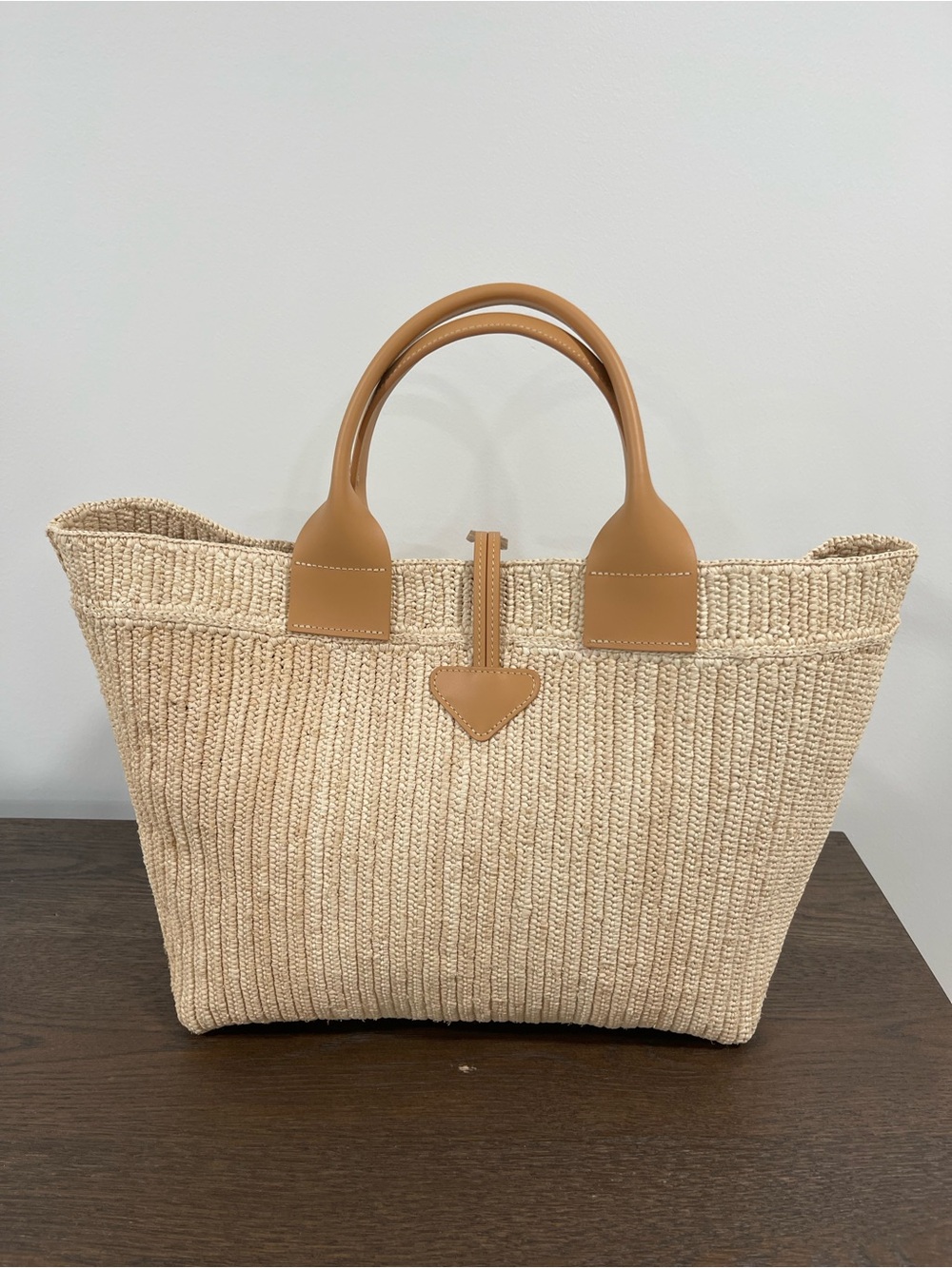Woven Straw Tote with Tan Leather Handles - Picture 2 of 6